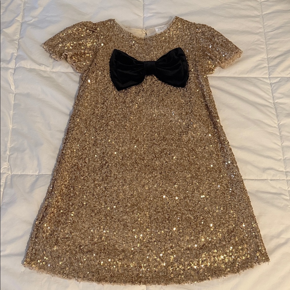 Zara Girls' Gold Sequin Dress with Black Bow - Elegant Party Dress Size 8
